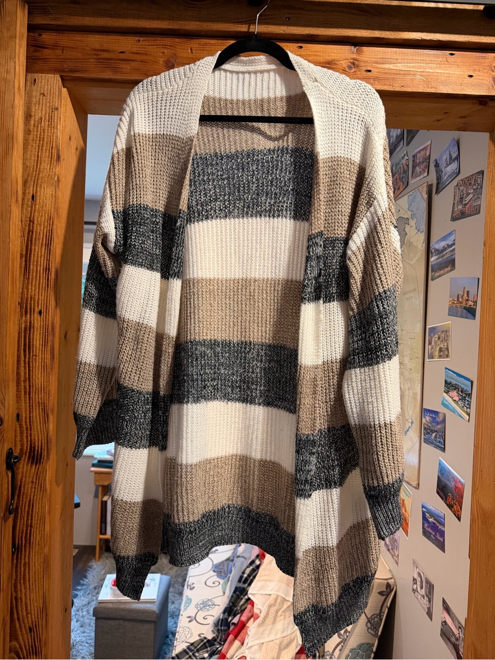 SHEIN Striped Open-Front Cardigan in Cream, Tan & Gray